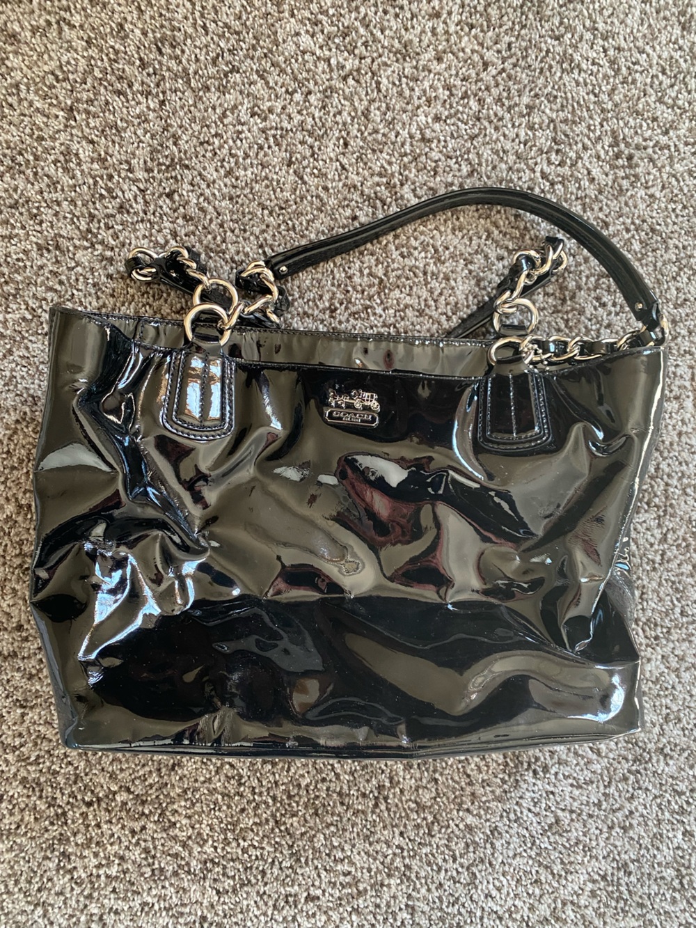 Coach Black Patent Leather Chain-Trim Shoulder Bag